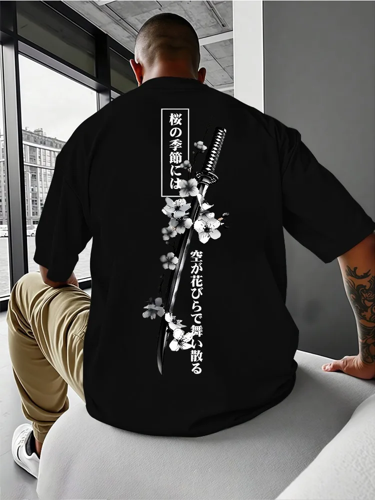 Vintage Japan Samurai Katana Sakura Kanji Rückseitig bedrucktes Herren-T-Shirt aus Baumwolle mit kurzen Ärmeln, Harajuku Street Casual Daily Fashion Tops