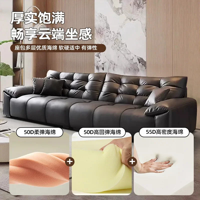 Sofá italiano minimalista de cuero con respaldo alto, sofá de fila recta para el hogar de piel de vaca de primera capa para sala de estar