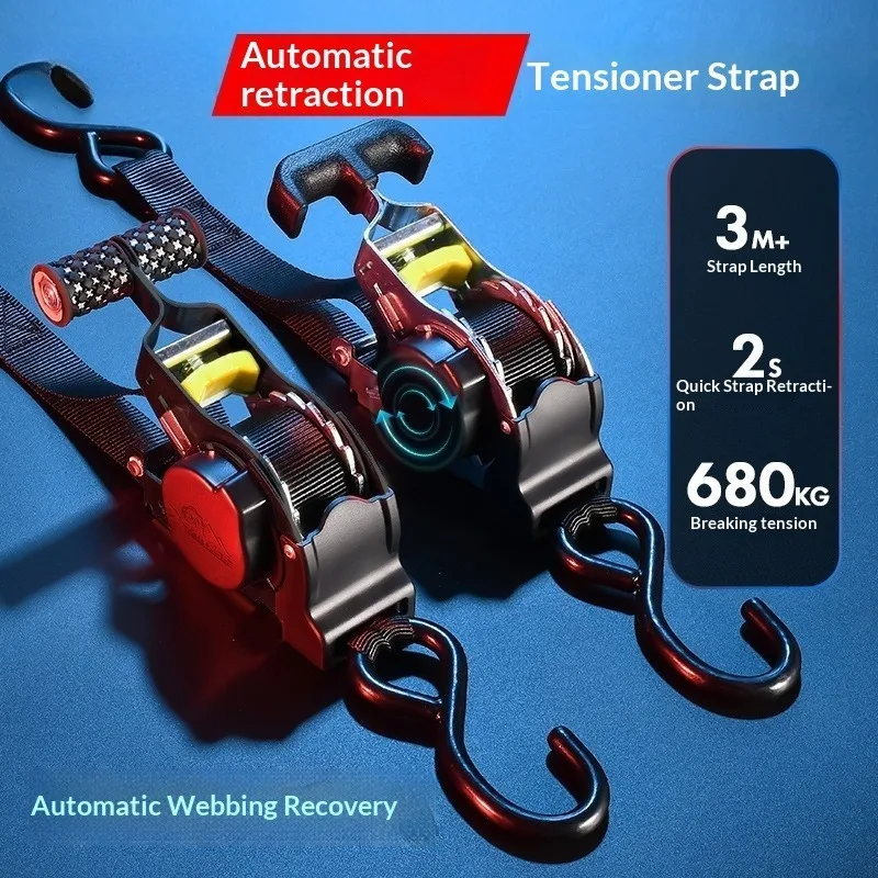 Self‑Retracting Ratchet Strap, Heavy‑Duty Cargo Binding Belt, Portable Luggage & Motorcycle Load Secure Tightening Strap 1PC