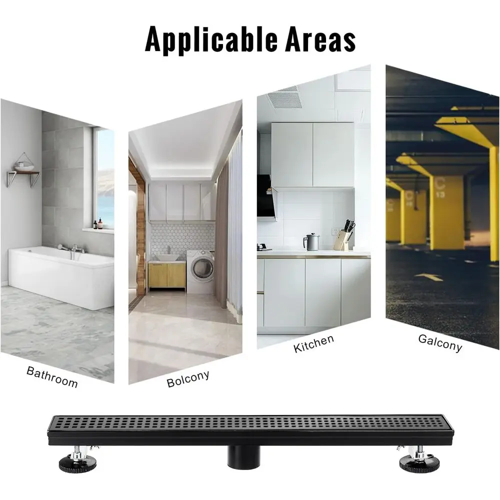 Ralo de Chuveiro Quadrado Preto Fosco de 18 Polegadas com Grelha Coletora de Cabelos e Pés Niveladores