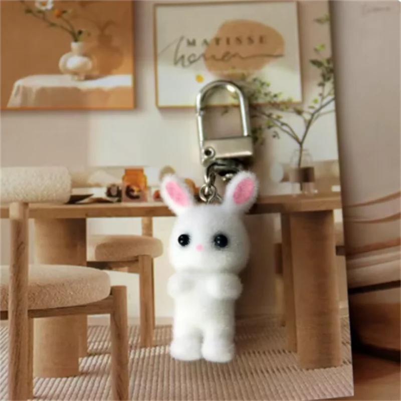 Cute 3D Flocking Bunny Keychain Cartoon Rabbit Couple Mobile Phone Pendant Car Keyring Earphone Backpack Charms Bag Decor