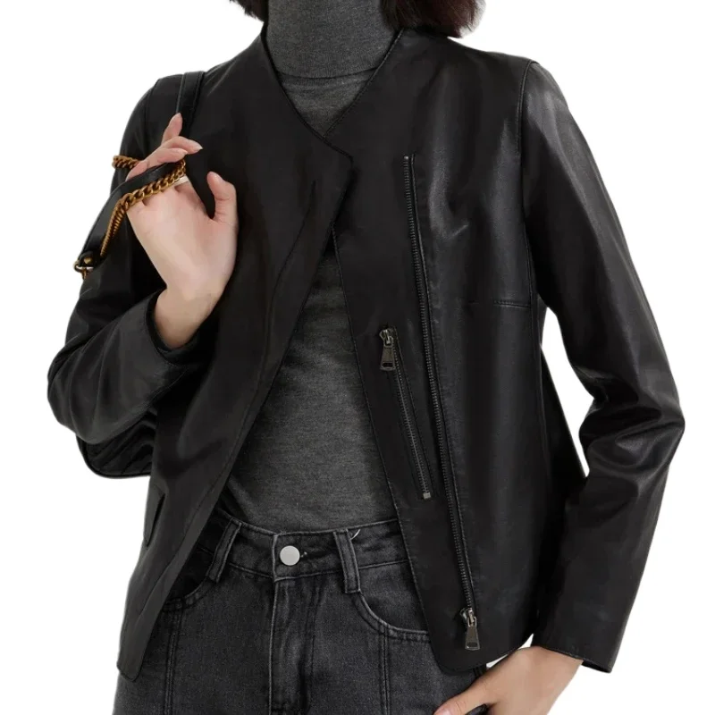 Tops Women Fashion High Quality Real Women's Sheepskin Coat  Spring Short Motorcycle Female Jacket Women's Coats Mujer Chaqueta