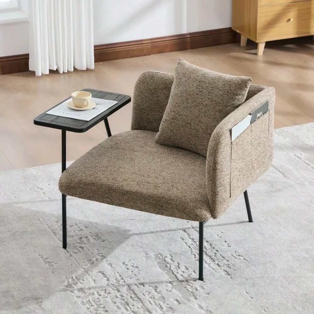 Leisure Chair with Small Table and Back Pillow, Modern Upholstered Single Sofa with Metal Legs and Side Pockets, Lounge Chair for Living Room Bedroom Garden, Compact Accent Seating with Cushion - view 2