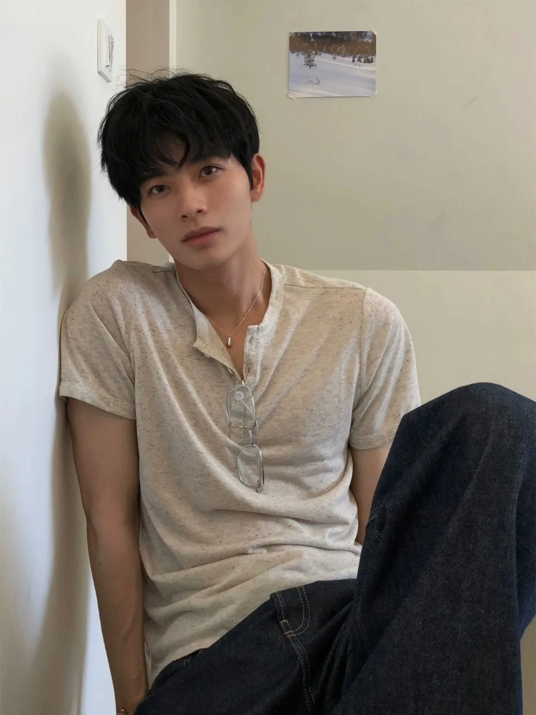 Linen Blend Henry Collar Short Sleeve T-Shirt Men's Summer Thin Breathable Floral Thread T-Shirt Loose Fit Casual Fashion