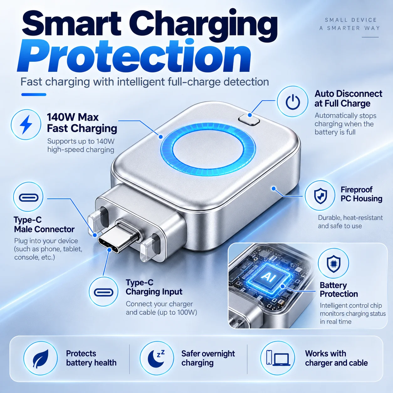 140W Type-C Charging Adapter Universal Separator Anti-Overcharge for Safe Overnight Charging Smart Auto Stop Charging