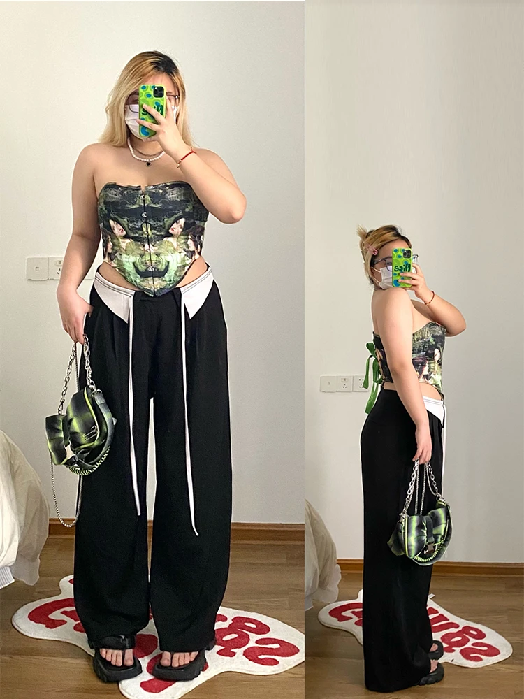 

Женские повседневные брюки-палаццо большого размера с высокой талией, на шнурке, в стиле колор-блок, свободные, струящиеся, больших размеров