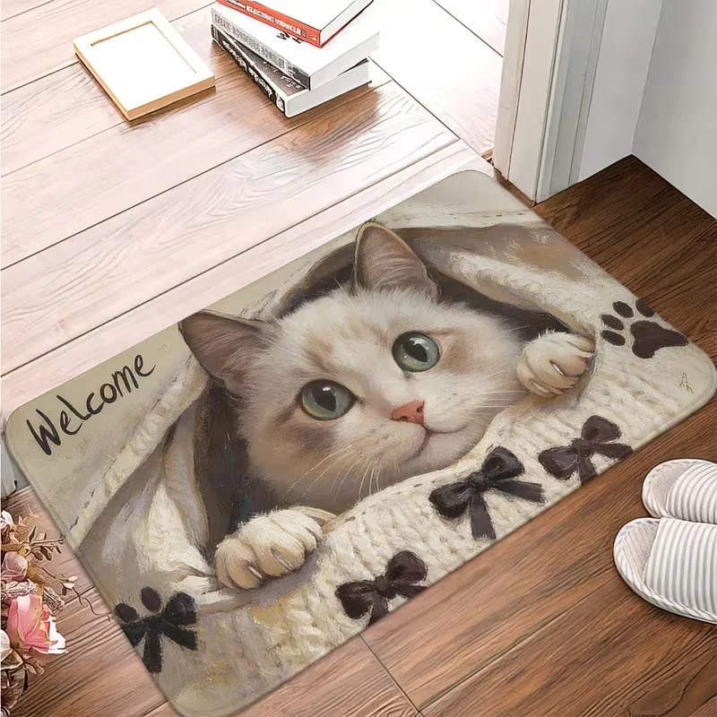 2D Welcome Cat Doormat Non Slip Soft Floor Rug Cute Ragdoll Cat Bow Paw Print Painting Style Entrance Kitchen Bedroom Carpet