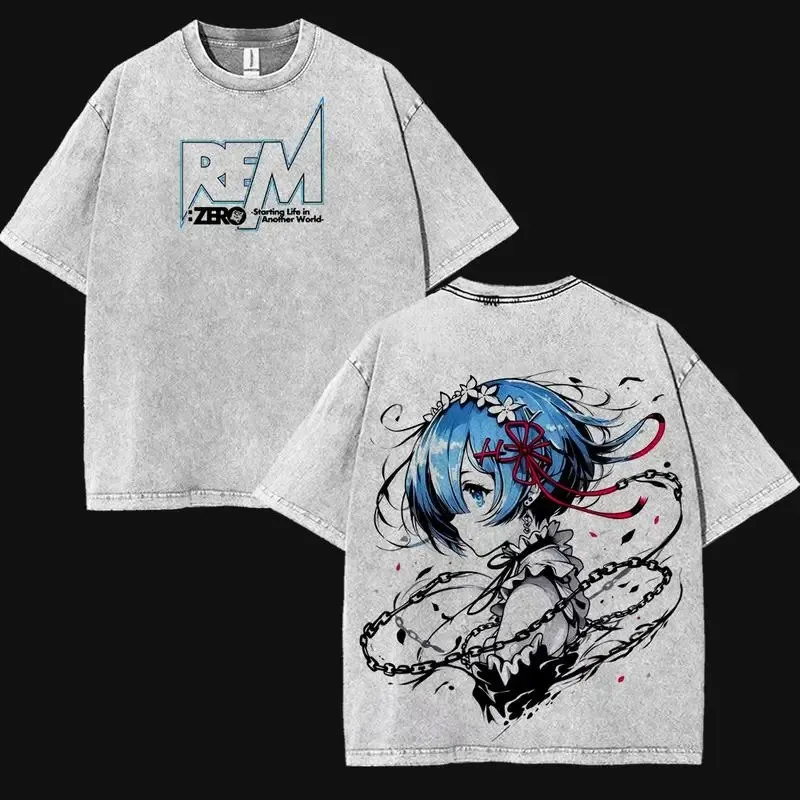 Hot Anime Re:ZERO Rem T-shirt Harajuku Y2k Washed Oversized Tee Shirt Tops Summer Short Sleeve Cotton Tops Men Women Clothing