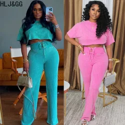 HLJ&GG Casual Solid Color Bandage Two Piece Sets Women Round Neck Short Sleeve Top And Pants Outfits Female OL Matching Clothing