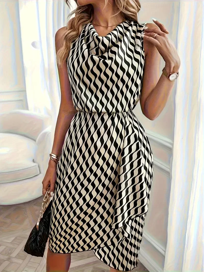 Women Sleeveless Midi Dress Wavy Stripe Print Elastic Waist Asymmetric Ruffle Hem Elegant Summer Party Dress Multi Colors