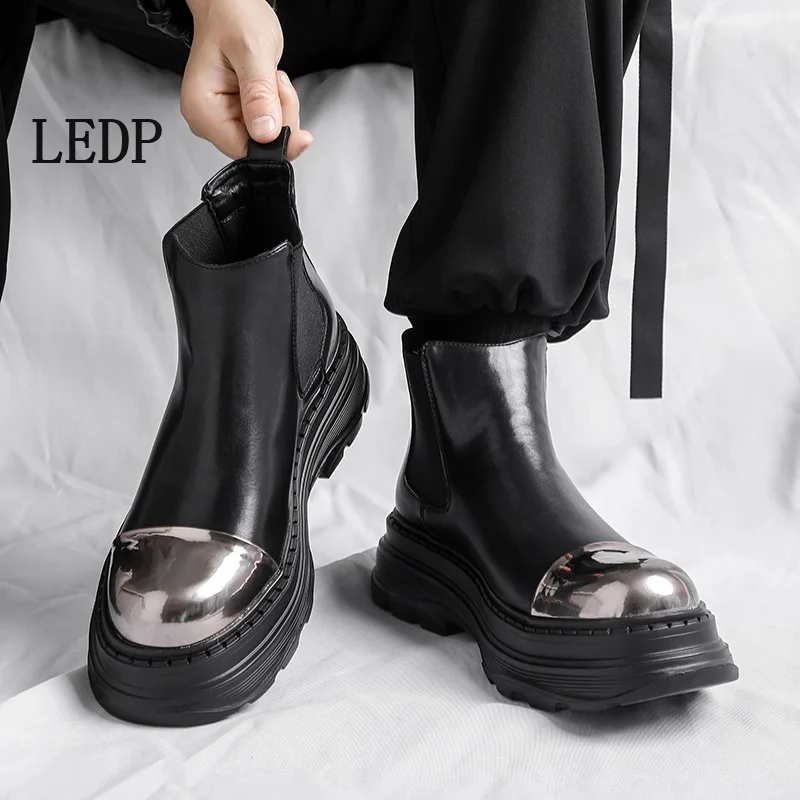 LEDP Brand Thick Sole Derby Shoes Men's High Sense Black Thick Sole Increase Metal Commuter Business Formal Big Head Shoes