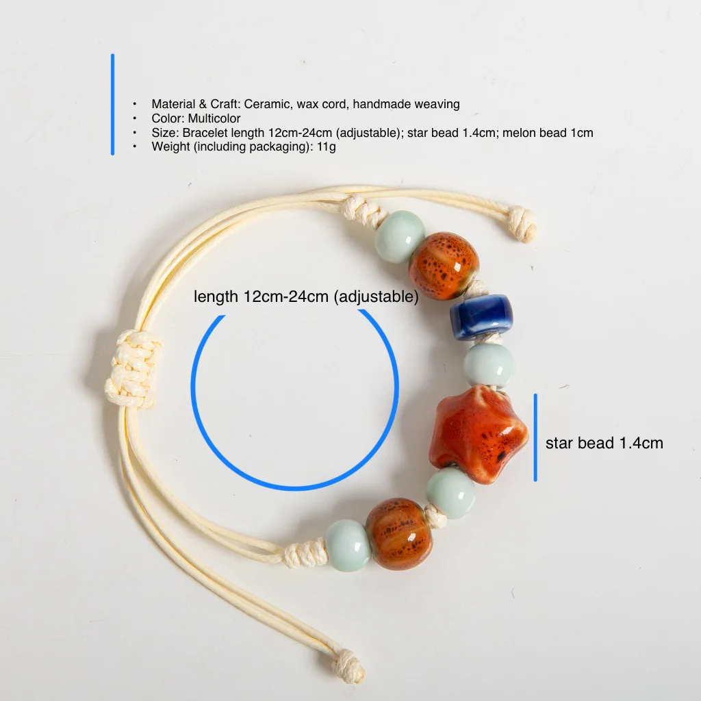 Adjustable Handmade Ceramic Orange Star and Melon Bead Bracelet Multicolor Wax Cord Woven Jewelry Boho Style Gift for Couples