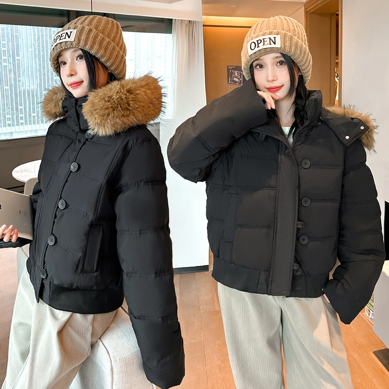 

2025 New Korean Winter Fur Collar Hooded Short Coats Loose Women's Down Cotton Padded Jacket High Waist Slim Warm Bread Clothes