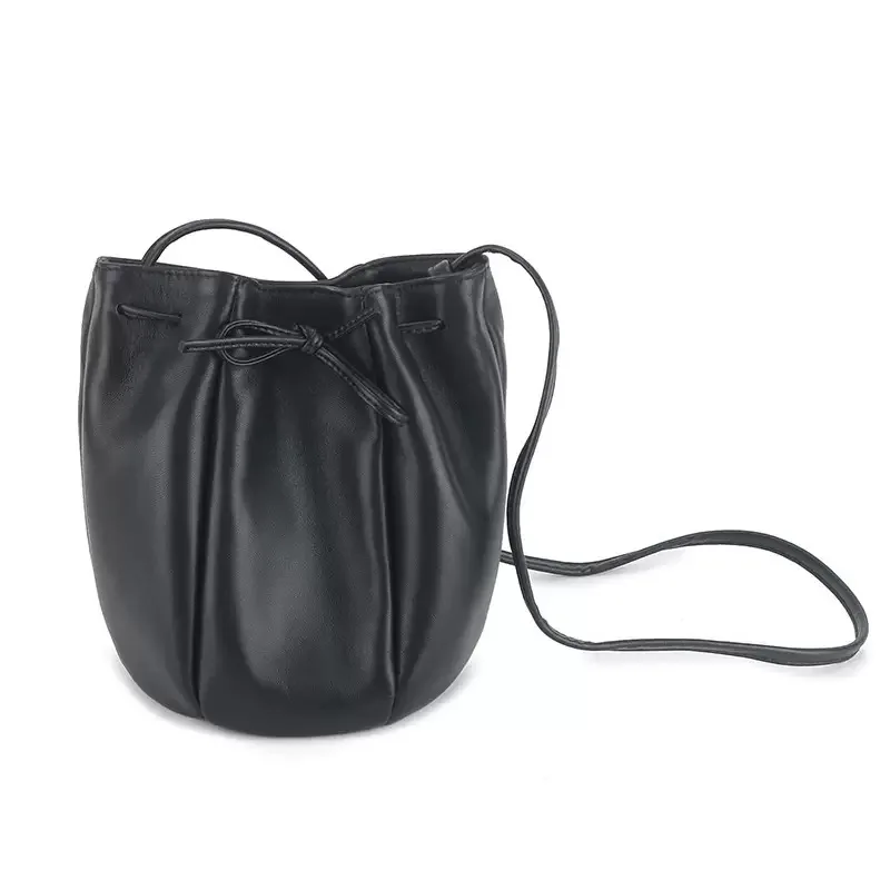 Sheepskin drawstring bucket bag 2025 new spring niche design genuine leather shoulder bag soft women's mini yellow crossbody bag - Image 2