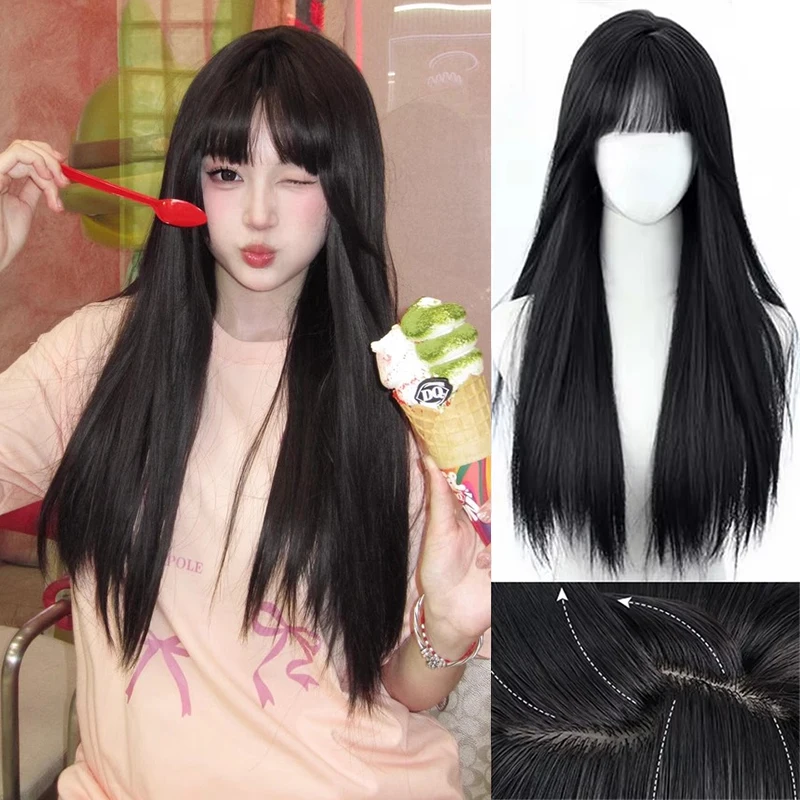 Synthetic Korean Black Long Straight Hair Wig With Bangs Anime Wig for Girl Daily Cosplay Party Halloween Christmas Festival