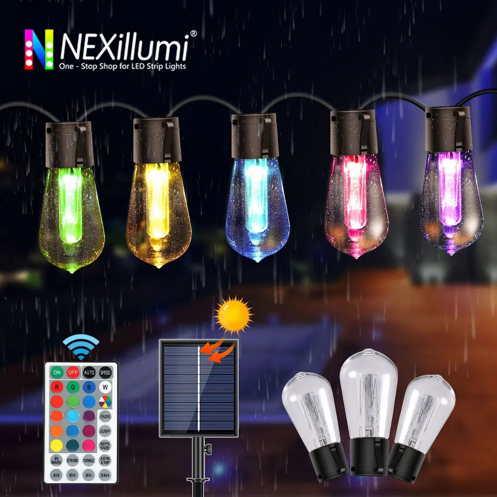 S14 Outdoor Light String, Solar/USB Upgrade RGB Colorful Synchronous Commercial Grade Weatherproof Outdoor Garden Light