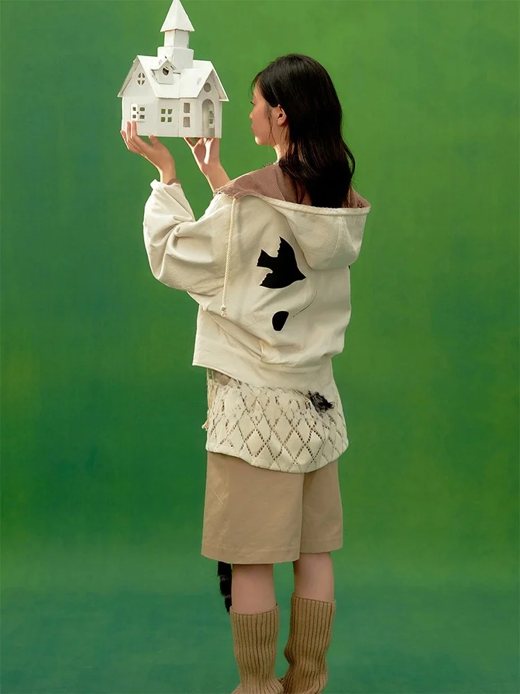 

Двусторонний тюре с бархатным принтом и капюшоном «Гарбор Старлин», брендовая свободная посадка, длинная застежка-молния, хлопок