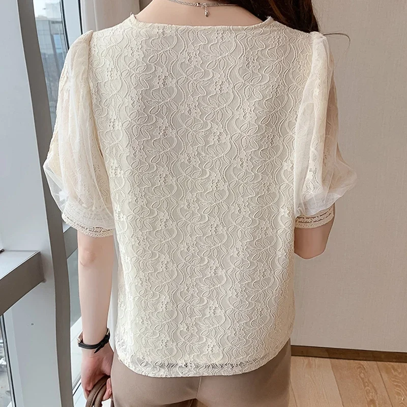 Summer Women V-Neck Apricot Lace Blouse Shirt Women Tops Short Sleeve Blouse Women Blusas Mujer De Moda 2024 Blouses Shirts E686