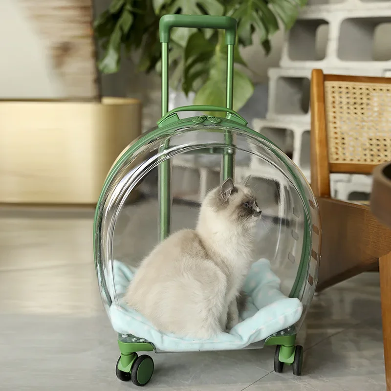 Portable Cat Suitcase Wheels Travel Transparent Cat Carrier Suitcase Outdoors Transport Strollers Move Cats Handbag Accessories