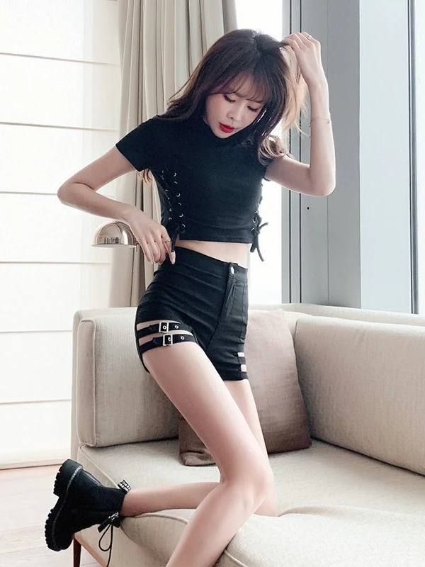 Sexy Fashionable Hot Short Pants Tight Belted Hollow out Elastic Women's Base Layer Pants High Waist Butt Lifting Trousers