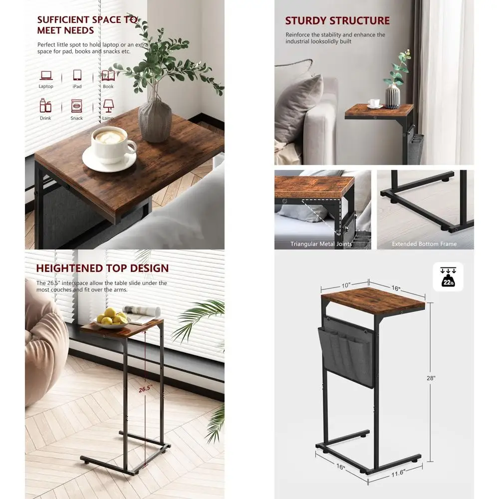

Pair of C-Shaped Small Side Tables, Couch and Recliner Slide-Under Tray Desk with Storage, Rustic Brown for Living and Bedroom