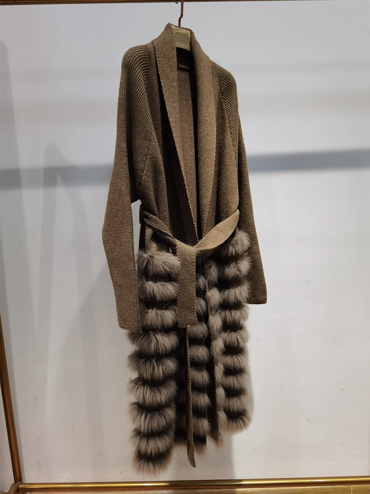 Manteau Long en fourrure de renard véritable pour femmes, tricot surdimensionné, ample, bande de fourrure de renard cousue ensemble, décoration extérieure, printemps, 2022