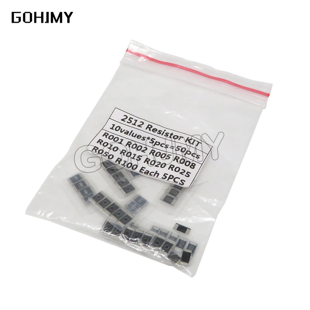 

50PCS Alloy Resistance 2512 SMD Resistor Samples Kit 10 Kinds*5PCS=50PCS R001 R002 R005 R008 R010 R015 R020 R025 R050 R100