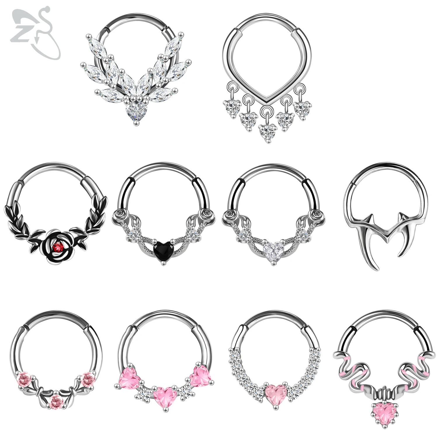 ZS 1PC Różowy kryształowy piercing do nosa Pierścionek przegrody w kolorze srebrnym 316L Stal nierdzewna Piercing do nosa Clicker Ear Helix Chrząstka 16G