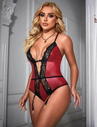 Comeondear damskie body koronkowy strój Catsuit kombinezon ze sztucznej skóry łańcuszek podwiązka bielizna trykot Plus rozmiar seksowne body Teddy