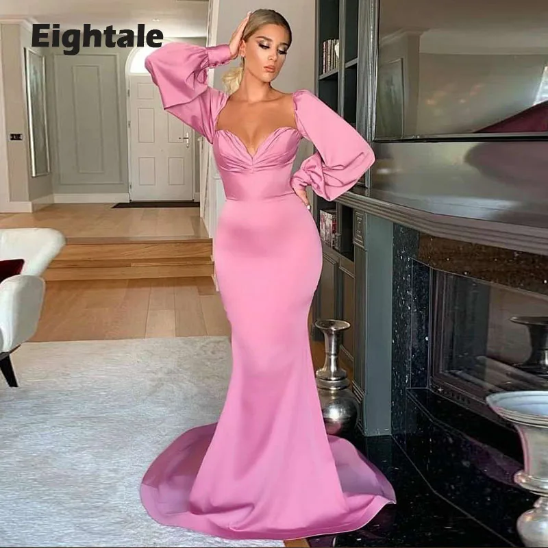 Eightale Arabic Evening Dresses Sweetheart Long Puff Sleeves Pink Mother of the Bride Gown Wedding Party Dress Mermaid