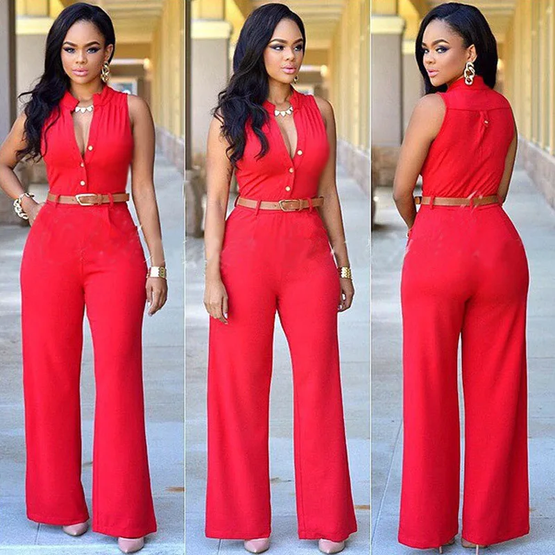 Summer Casual High Waisted Wide Leg Jumpsuit Women Fashion Solid V-neck Sleeveless Long Jumpsuit Women