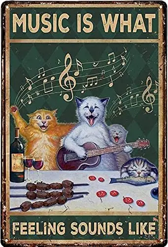 Vintage Metal Guitar Tin Sign Cats wine music is what feeling sounds like Wall Decor Form Man Cave Home Bar Restaurant Cafe Pub