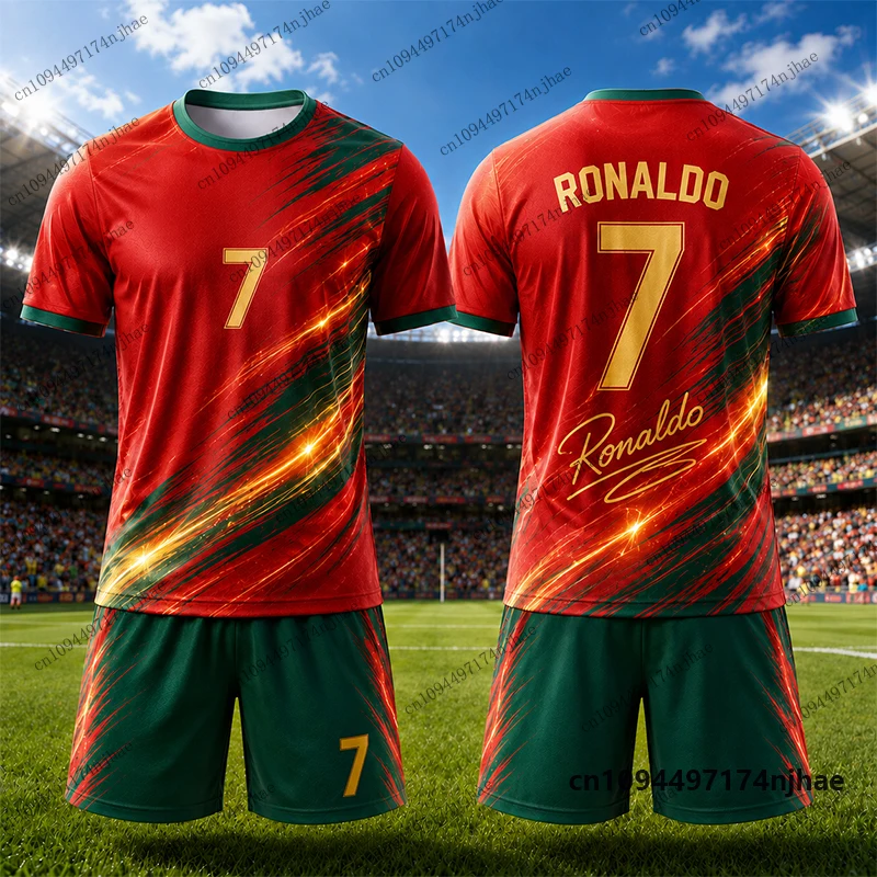 Children‘s Tracksuit Portugal Fans Ronaldo No.7 Print T-Shirt+Shorts Sets Football Jersey Suit Sports Kids/Adult 2 Piece Outfits