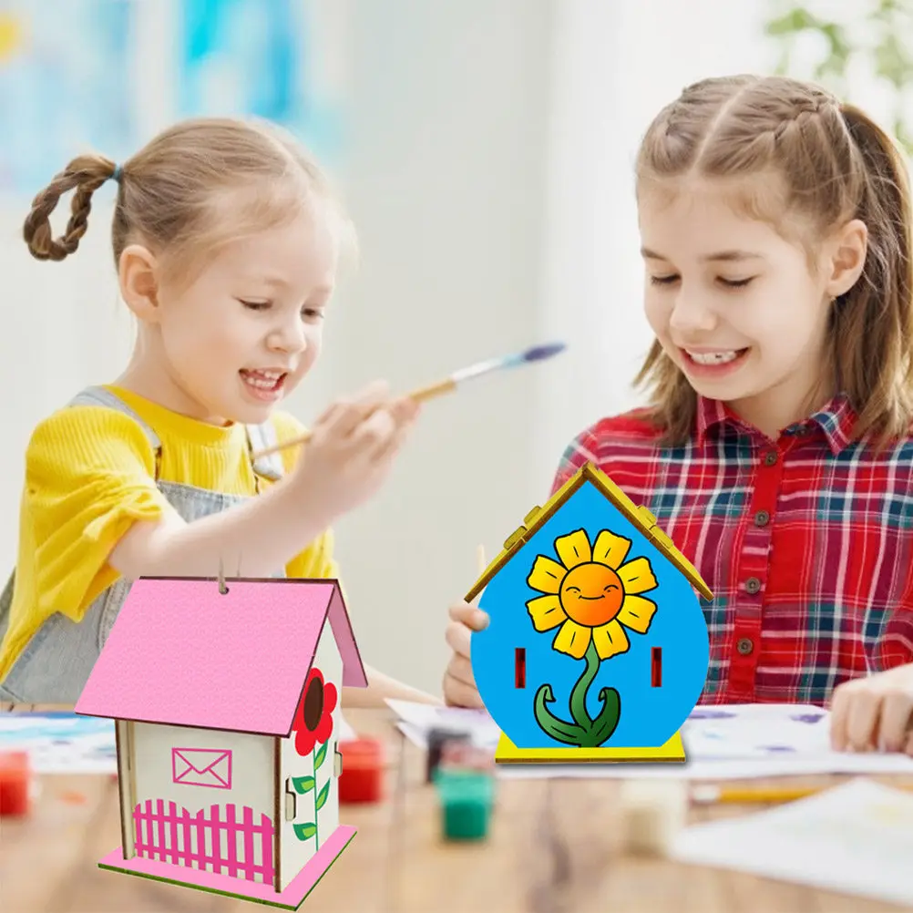 

2Pcs DIY Wooden Bird House Unfinished Paintable Nest Craft Kit Home Garden Decoration Educational Woodcraft DIY Bird House