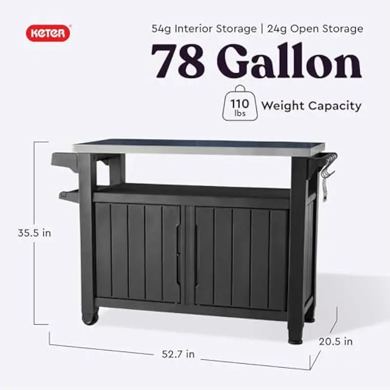 Portable Outdoor Prep Table with Tiered Resin Cabinet and Stainless Steel Work Surface for Grilling Gear Storage – Dark Grey Fin