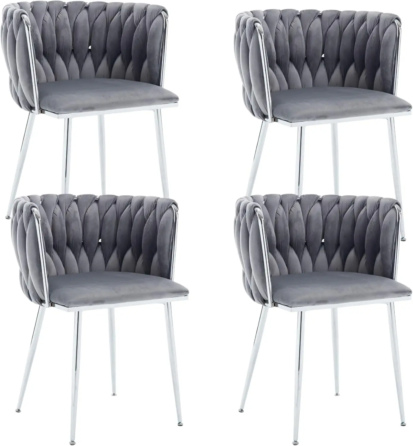 Dining Chairs Set of 4,Stylish Upholstered Accent Chairs with Woven Backrest&Silver Metal Legs for Dining Room,Living Room,Kitch