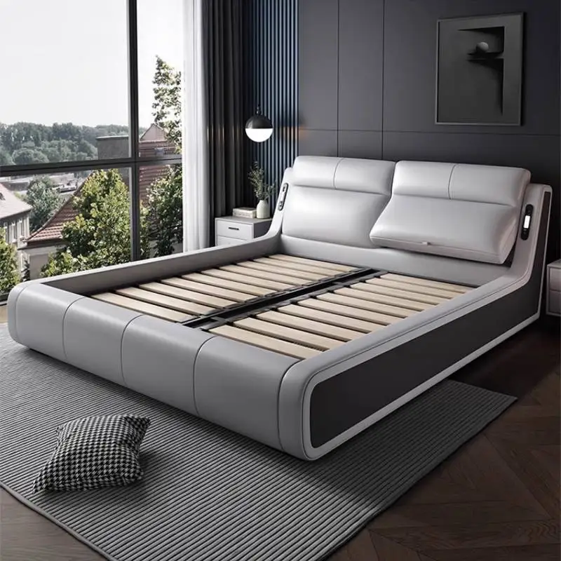 إطار سرير مريح وحديث بحجم كينغ، تخزين أنيق، سرير جلدي إيطالي، منظم مزدوج، أثاث كاما في الفناء الخلفي