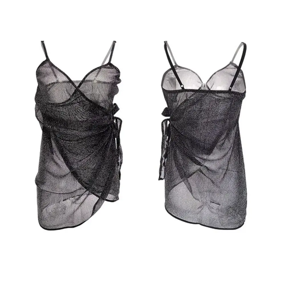 Przezroczysta, błyszcząca jedwabna koszula nocna bez rękawów, damska bielizna nocna, sznurowana, plisowana koszula nocna z głębokim dekoltem w serek, do noszenia w domu.