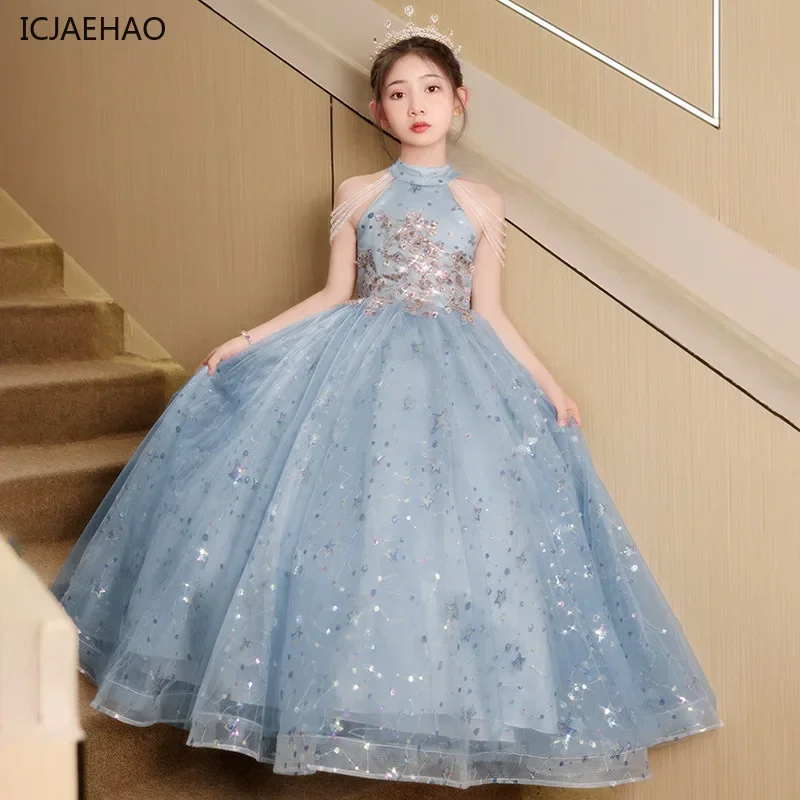 ICJAEHAO 2025 Blue Girls' Dress Summer Matching Children's Host Piano Performance ClothesLight Luxury Niche High-end Princess