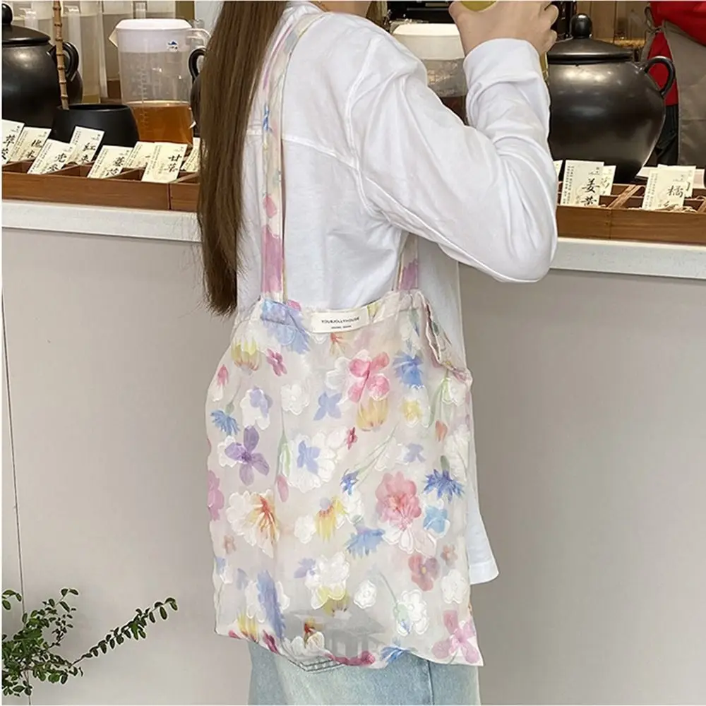 

Korean Style Mesh Floral Handbag Large Capacity Flower Print Full Embroidery Flowers Tote Portable INS Eco Shopping Bag Female