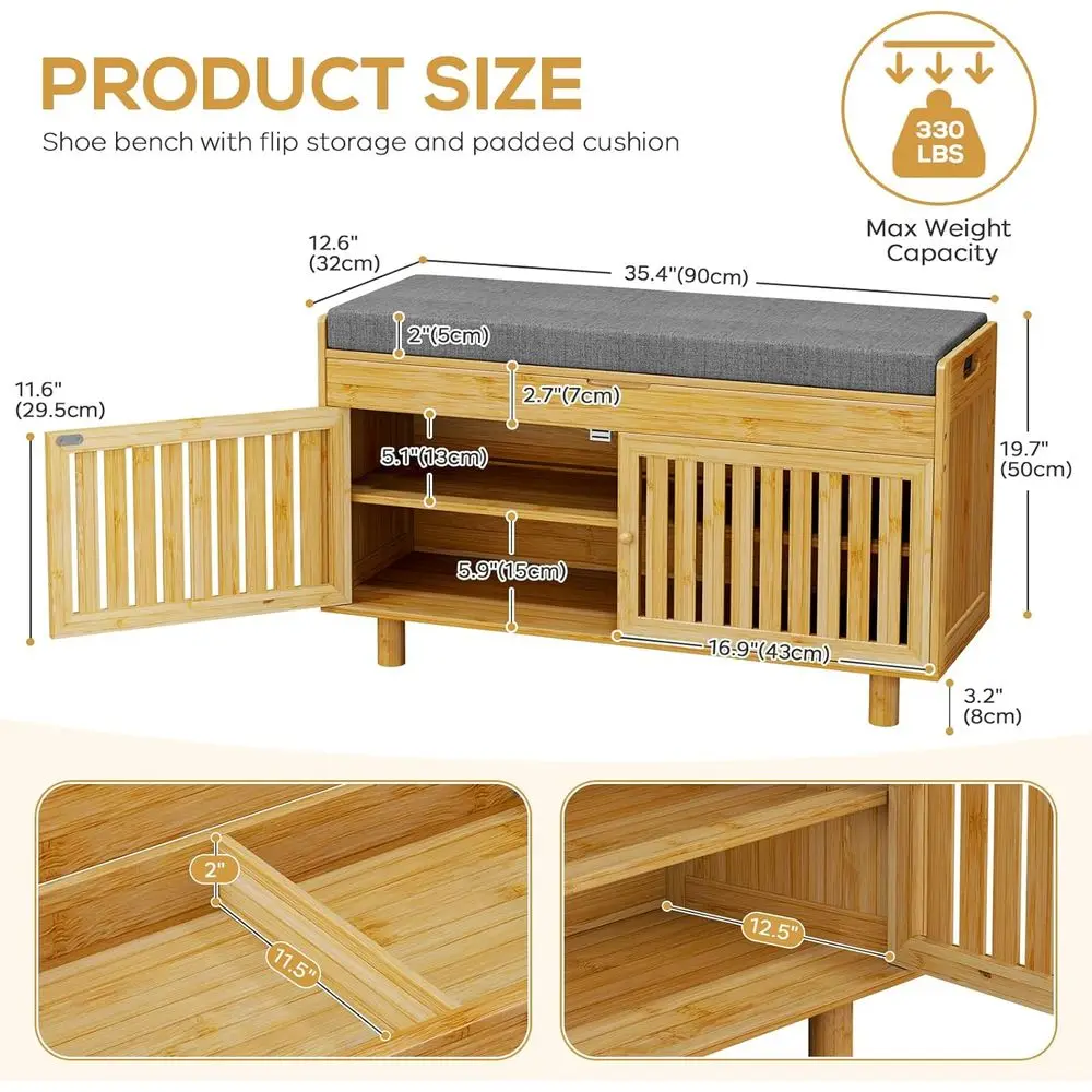 Banco de entrada de bambu de duas portas com assento acolchoado e armazenamento superior para sapatos, sala de estar, quarto - acabamento natural