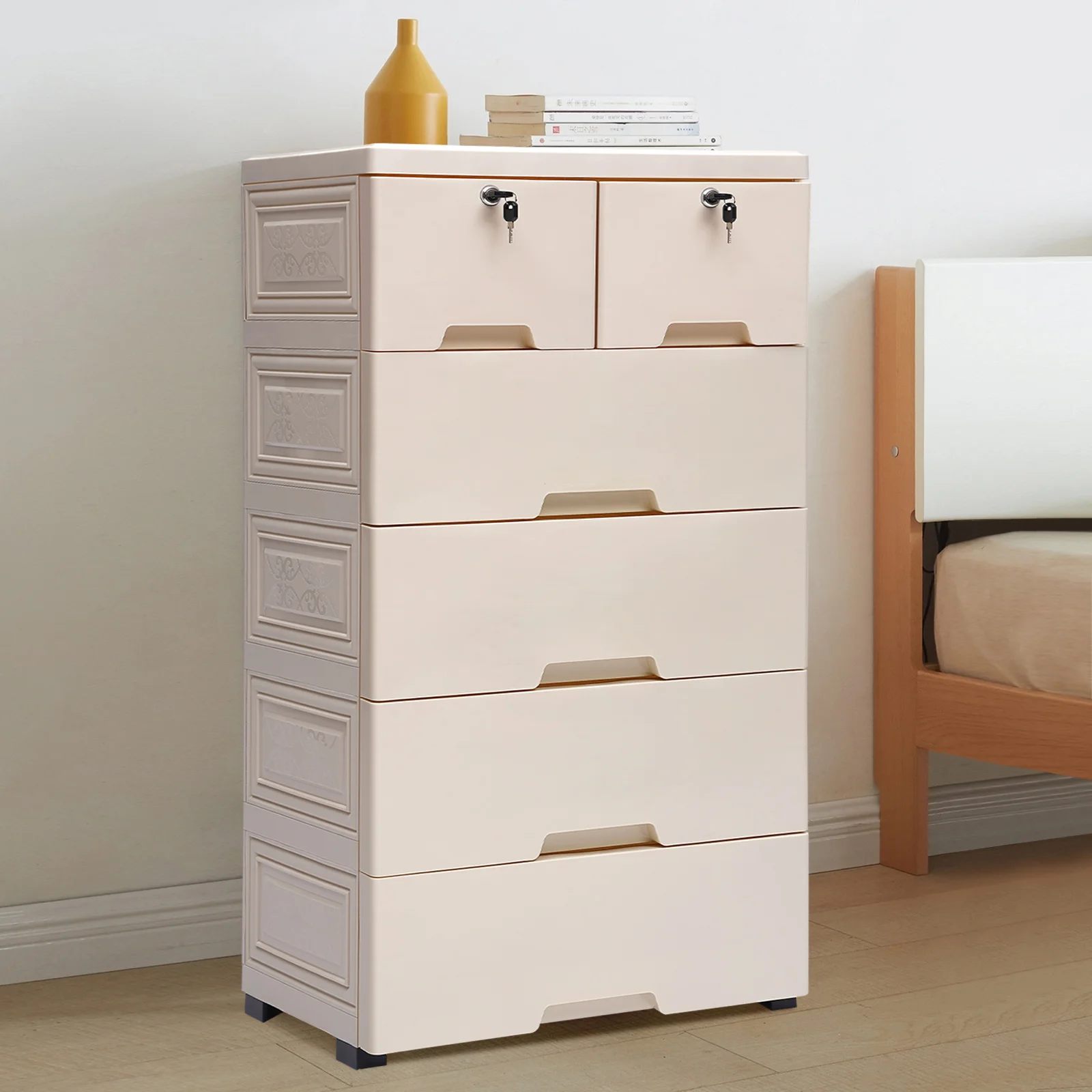 6 Drawers Dresser Tall Chest of Drawer Wood Storage Organizer Closet Nightstand Tower Closet for Bedroom