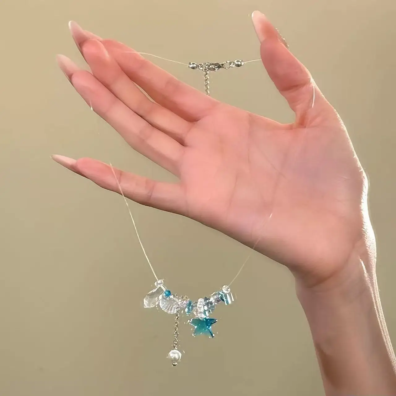 Summer Sea Star Fish Line Necklace for Women Delicate Starfish Shell Pearl Chain Beach Vacation Style Accessories Blue Color