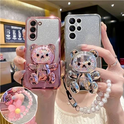 S 23 24 s21 Flower Strap Bear Phone Holder Case On For Samsung Galaxy S23 S22 S21 S20 S24 Plus FE Ultra note 10 20 Stand Cover