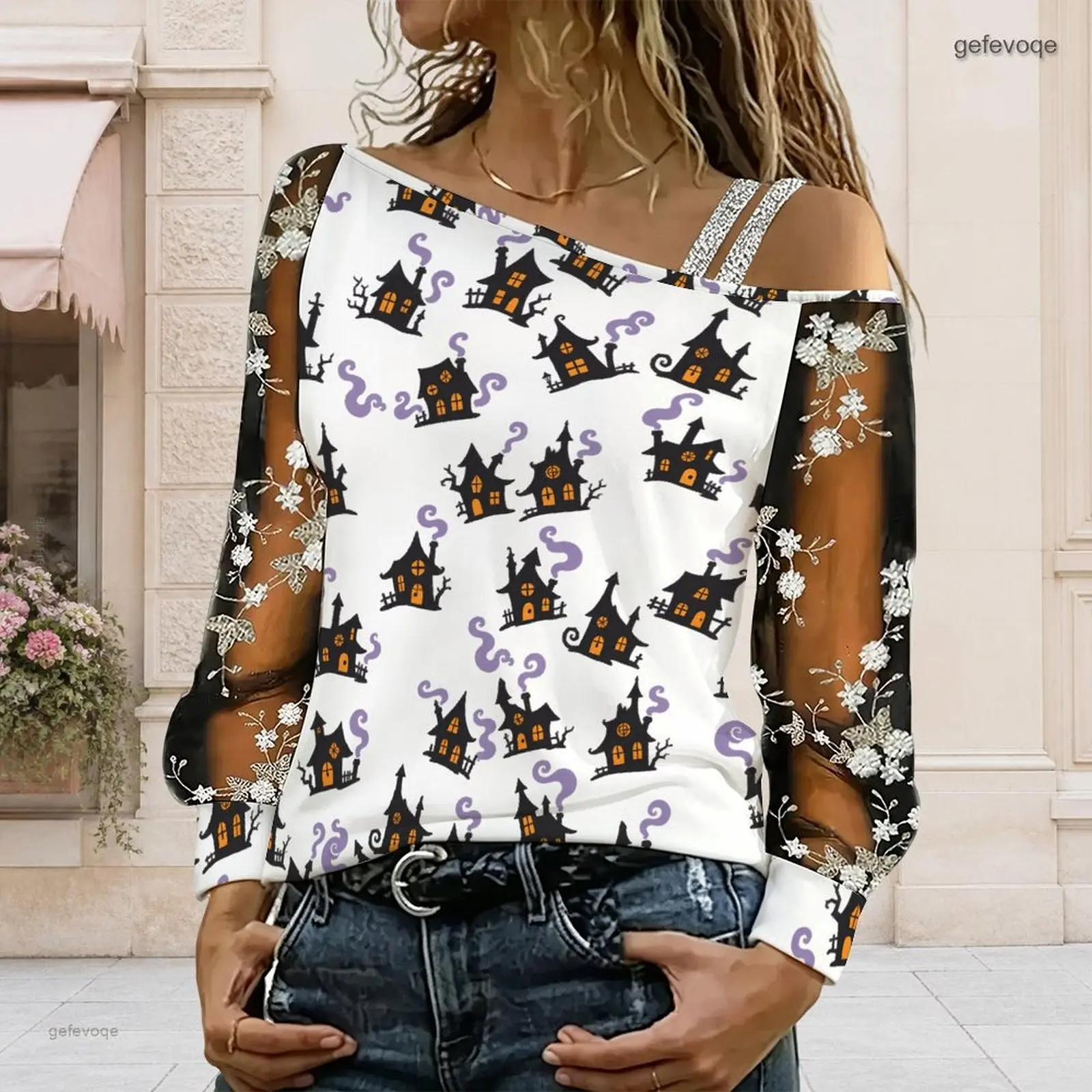 Women Haunted House Printed Asymmetric Off Shoulder Long Sleeve Sheer Floral Embroidery Top