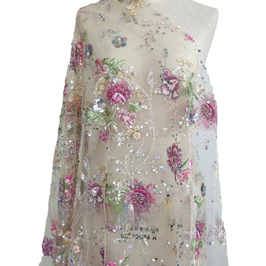 1M 120Cm Wide Luxury Beaded Lace Fabric 3D Embroidery Sequins Spray Painted Soft Tulle Mesh Textile for Dress Making F107 view 3