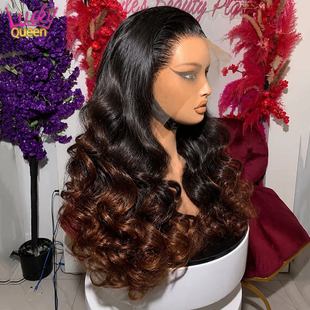 Ombre Brown Dark Root New Upgrade Drawstring Glueless 13x6 13x4 HD Lace Front Human Wig For Women Pre Plucked Body Wave