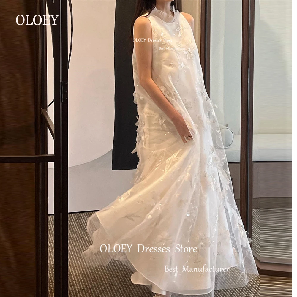 OLOEY Elegant High Neck Lace Straight Korea Wedding Dresses Photo shoot Floor Length Bridal Gowns Formal Party Dress