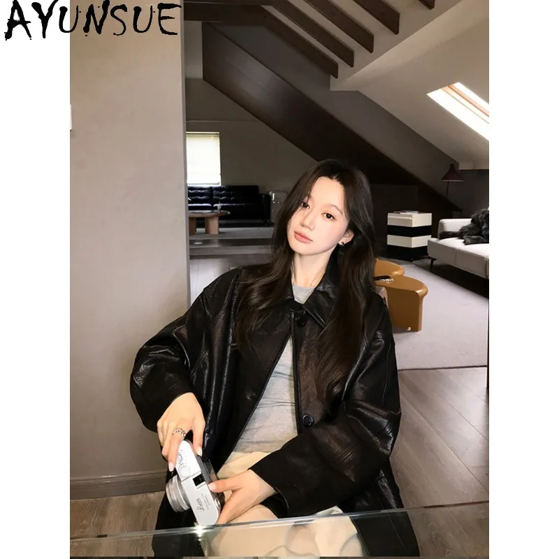 AYUNSUE Women's Sheepskin Jackets Mid-length Top-Grain Real Leather Jacket Woman Fashion Casual Black Tops Woman Clothes Casaco