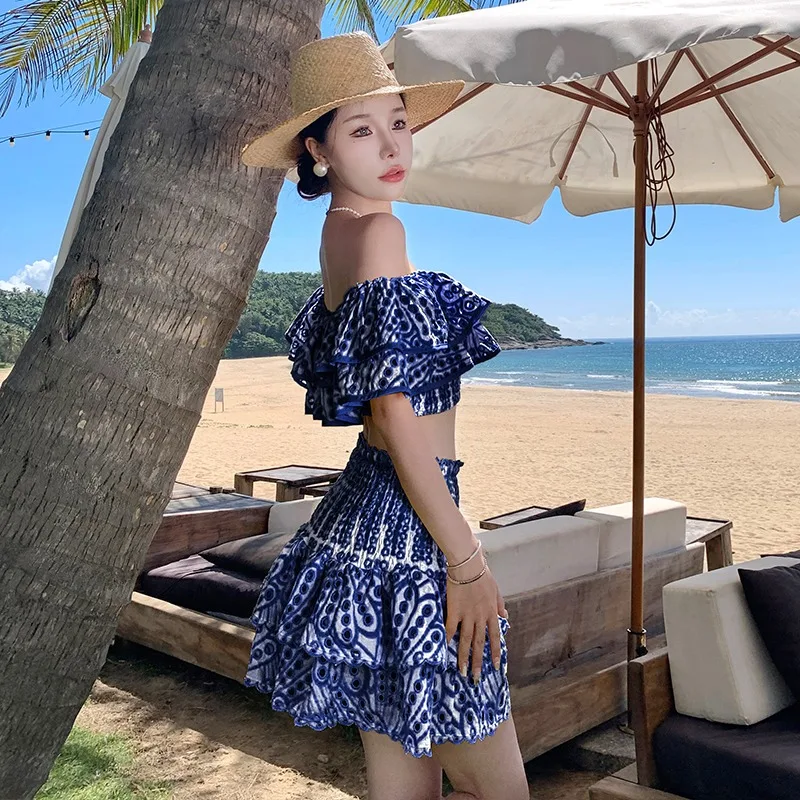 Retro Embroidered Hollow Lotus Leaf Edge One Shoulder Off Shoulder Elastic Top High Waist Puffy Half Skirt Elegant Set